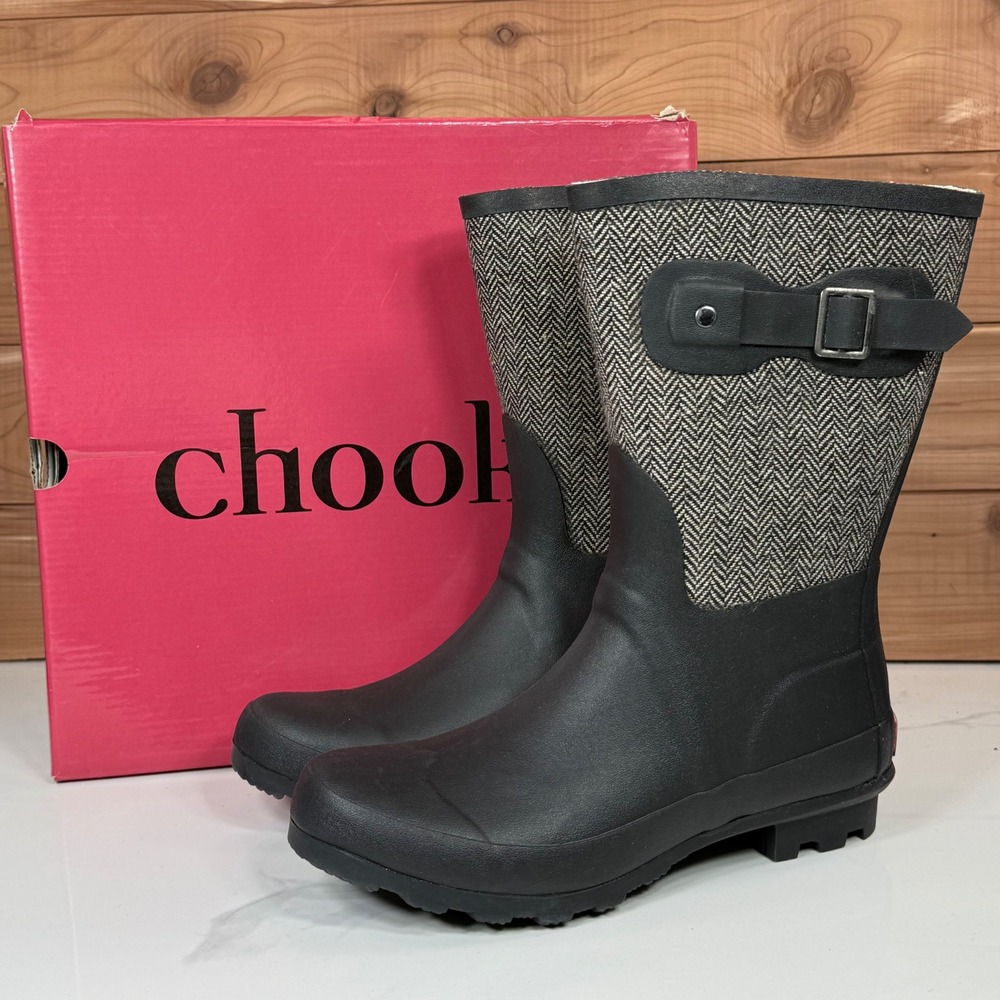 Chooka Women's Mid Calf Rain Boots Herringbone Buckle Detail Rubber Gray